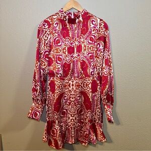ShopImpressions Red Pink Paisley Long Sleeve Mock Neck Ruffle Hem Dress-Med NWT